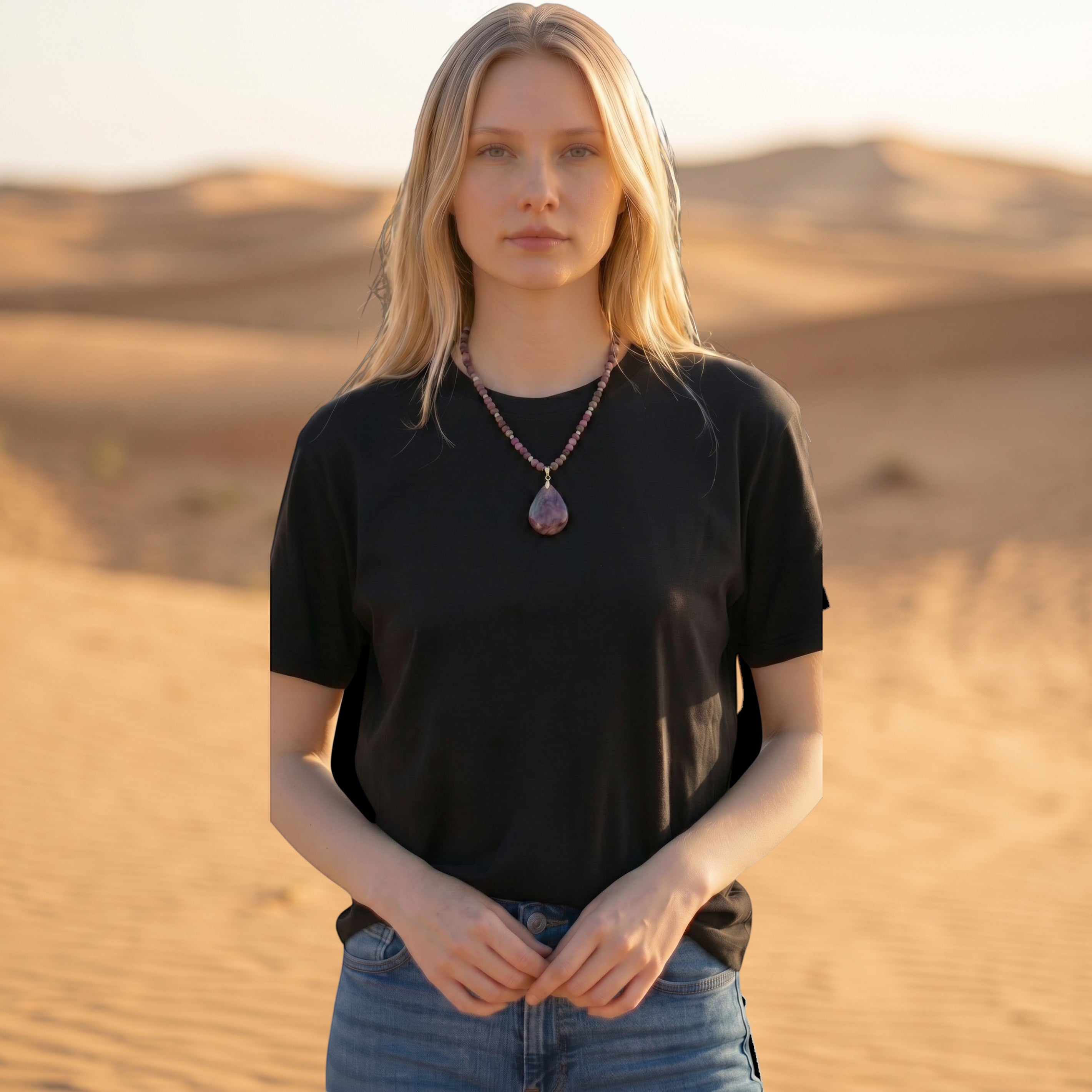 Niz & Aly teardrop purple charoite pendant necklace with multi-colored beads worn by a woman in a desert setting.