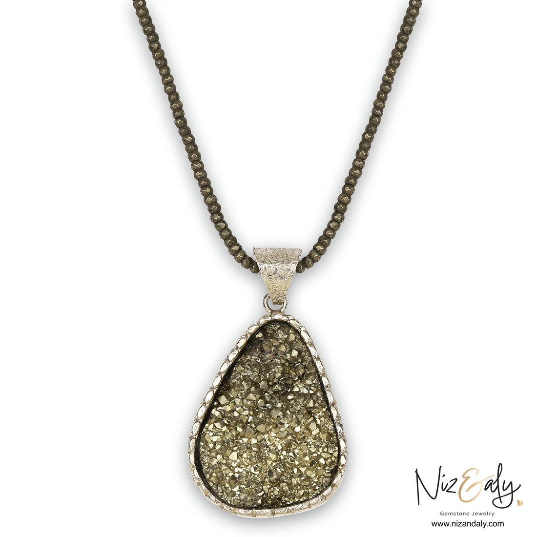 Niz & Aly oval natural pyrite pendant necklace featuring faceted pyrite beads and a textured silver setting.