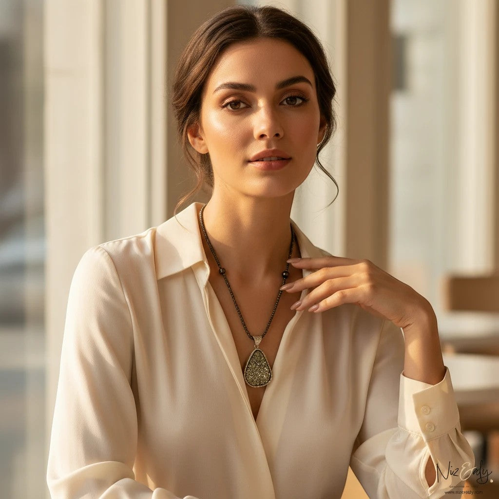 Niz & Aly oval natural pyrite pendant on a faceted pyrite beaded necklace worn by a woman in a cream silk blouse.