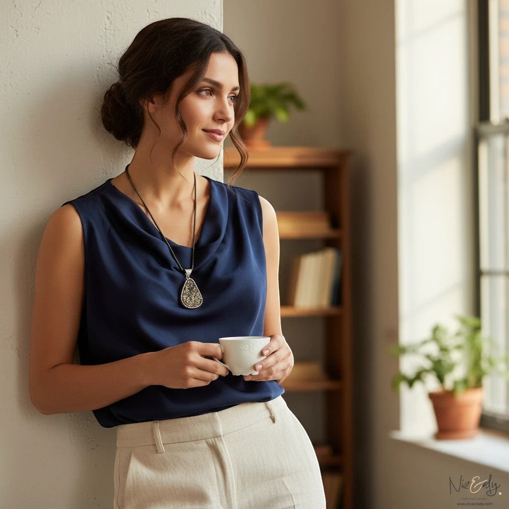 Woman wearing a Niz & Aly natural pyrite pendant necklace with faceted beads, styled with a navy blue sleeveless top.