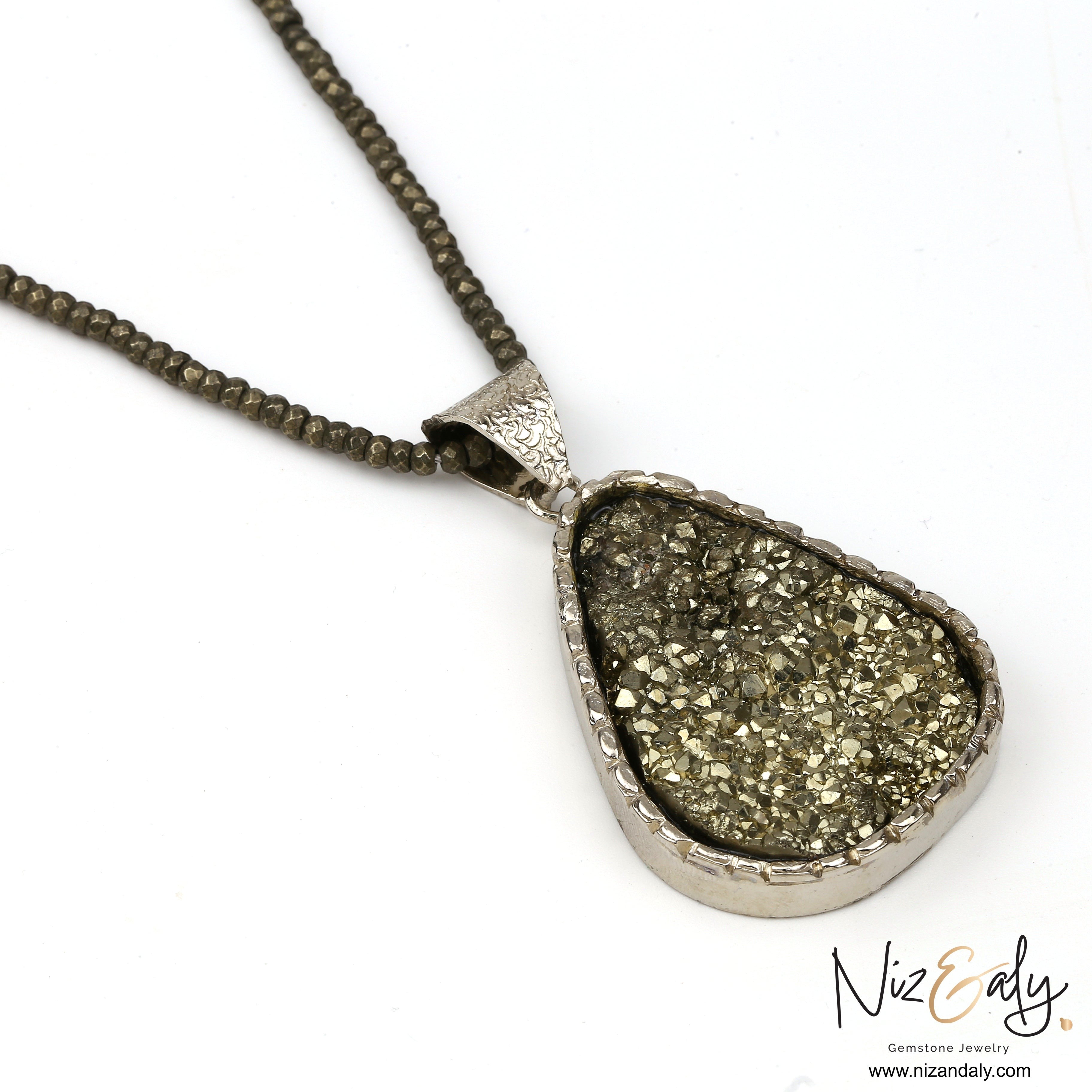Niz & Aly oval natural pyrite pendant necklace with faceted pyrite beads and metallic gold luster
