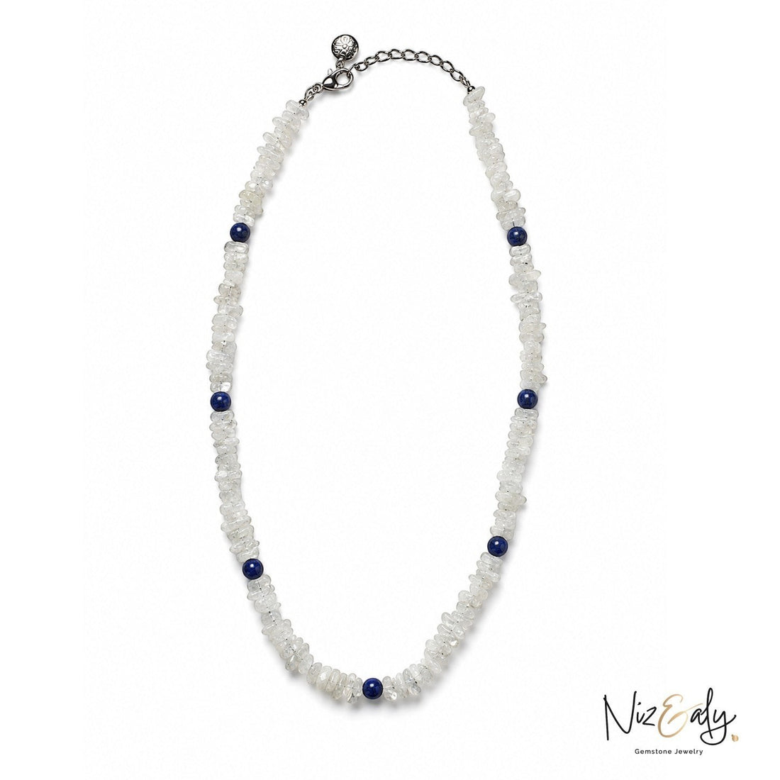 Niz & Aly minimalist necklace featuring clear quartz chip beads accented with small round blue lapis lazuli stones.