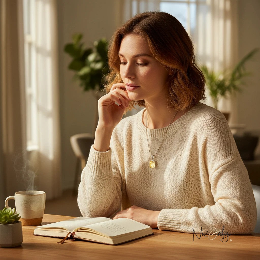 Woman wearing a Niz & Aly raw citrine pendant necklace while reading at a wooden table with a steaming mug.
