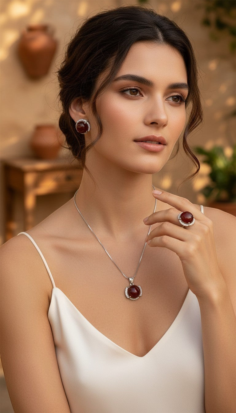 Niz & Aly red agate pendant, earrings, and ring set with silver accents worn by a woman in a white camisole.