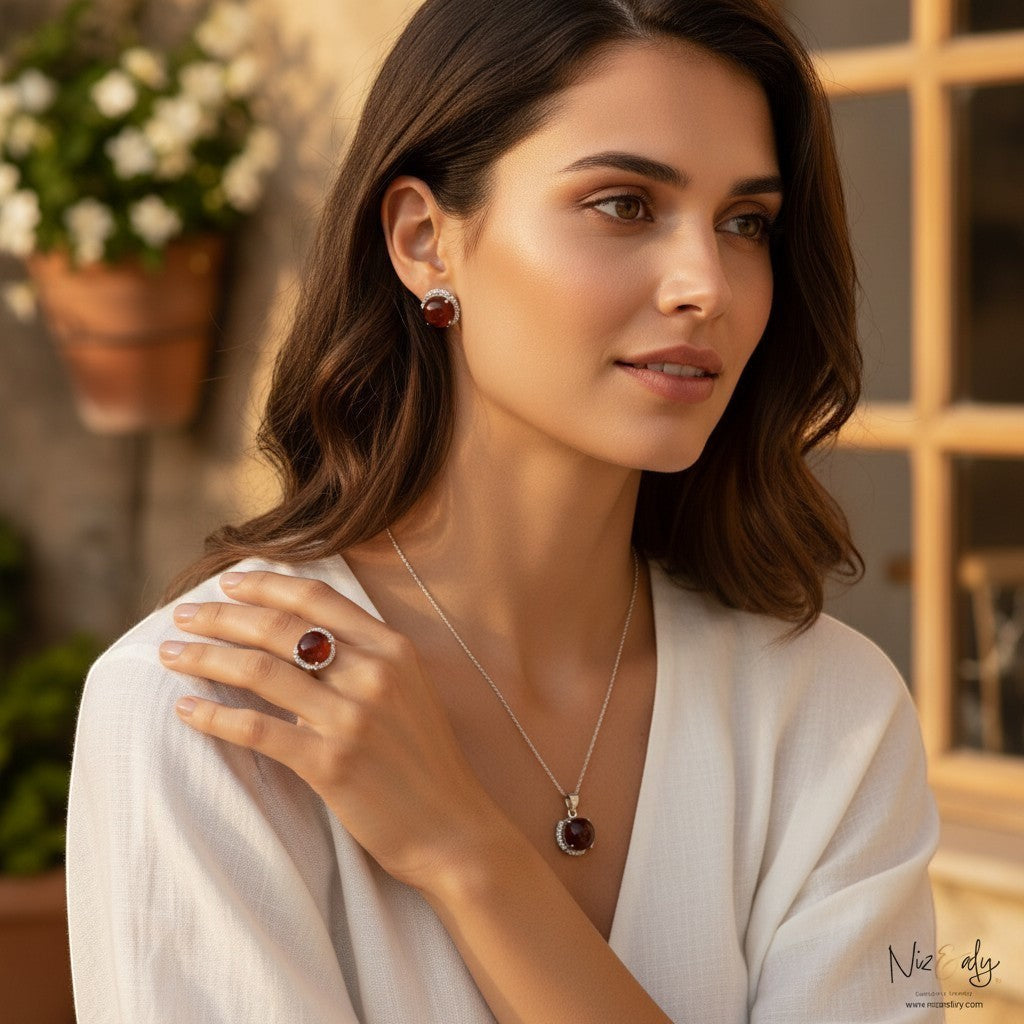 Niz & Aly red agate pendant, ring, and earring set worn by a woman in a white blouse, featuring polished gemstones.