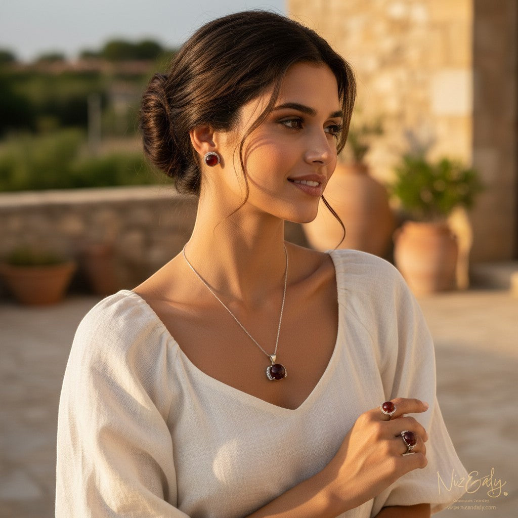 Niz & Aly red agate pendant and earring set worn by a woman in a white top, featuring polished gemstone jewelry.