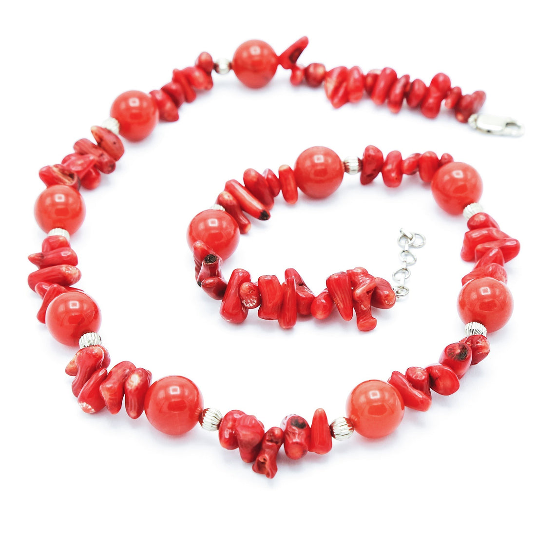 Niz & Aly red coral and carnelian bead necklace featuring polished round and organic-shaped natural gemstones.