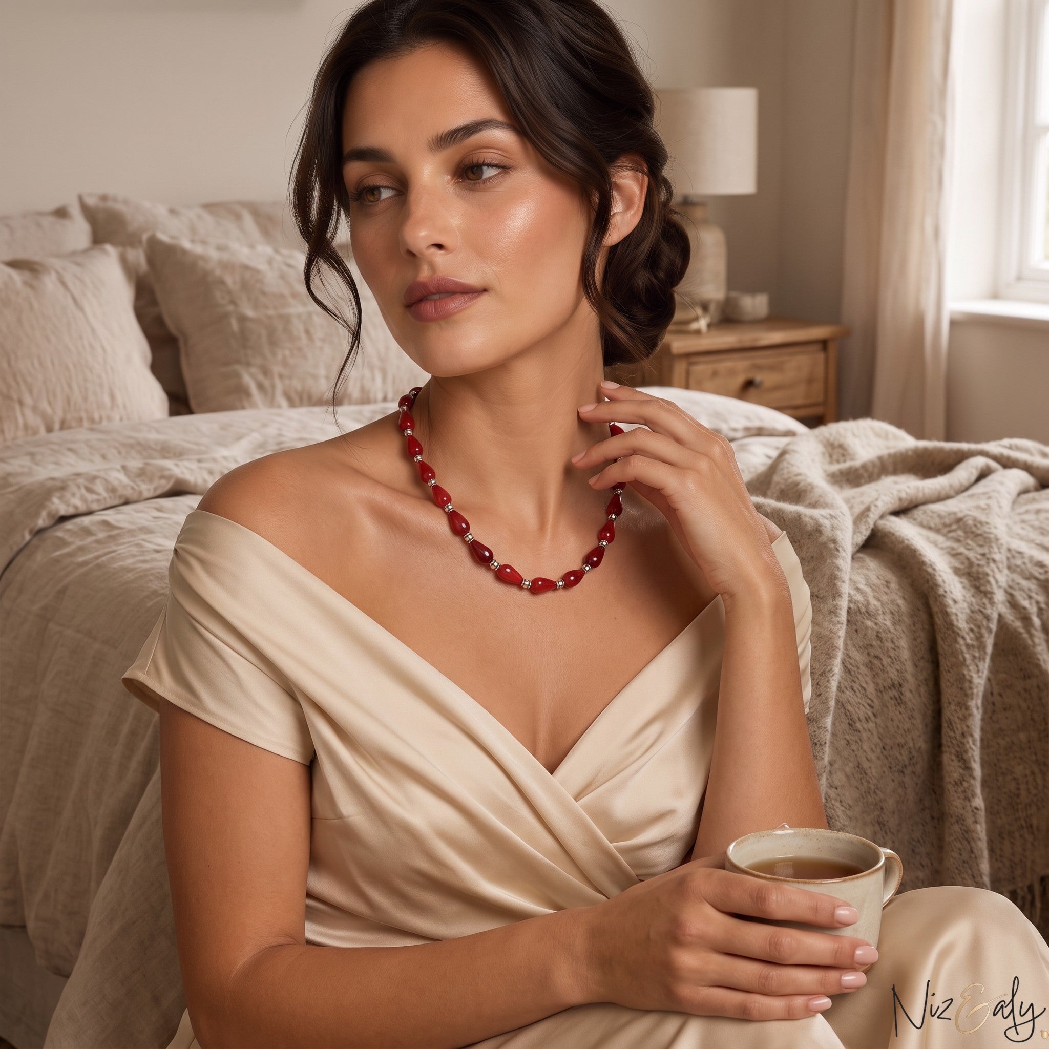Niz & Aly Rossa Lacrima necklace featuring natural red coral teardrop beads worn by a woman in a silk dress.