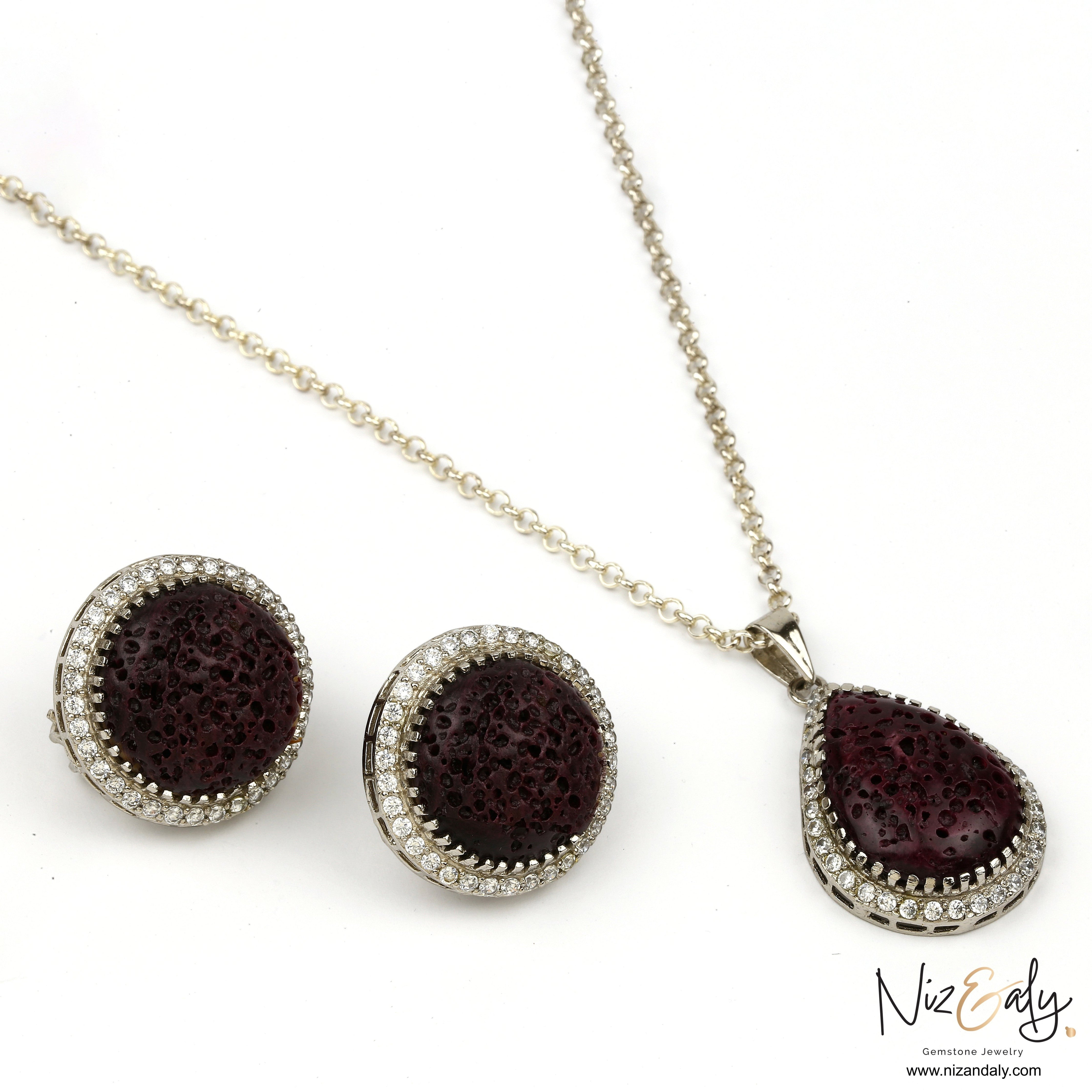Niz & Aly natural red lava stone pendant and earring set with sparkling crystal halo accents on silver chains