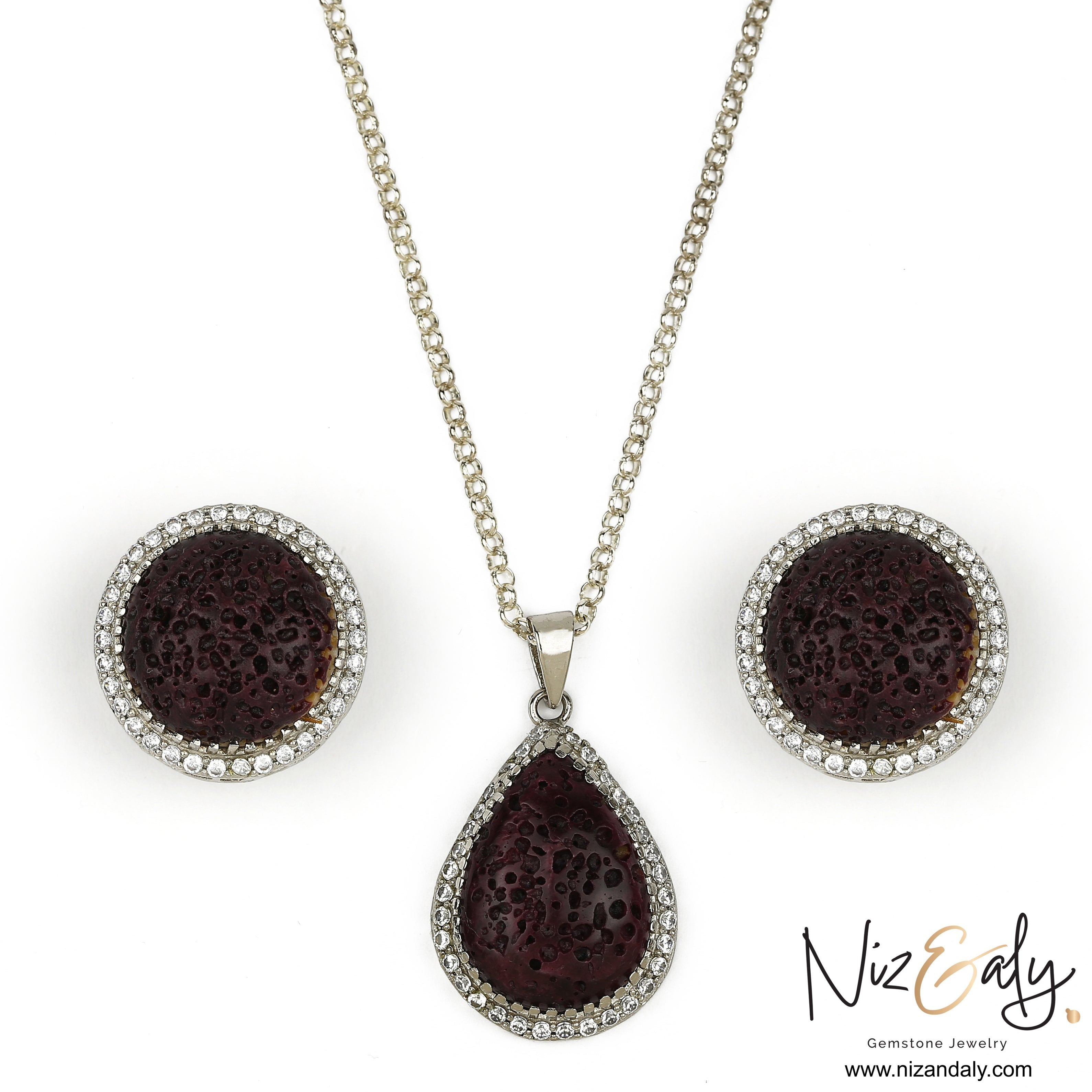 Niz & Aly natural red lava stone pendant and earring set with crystal border on a silver chain
