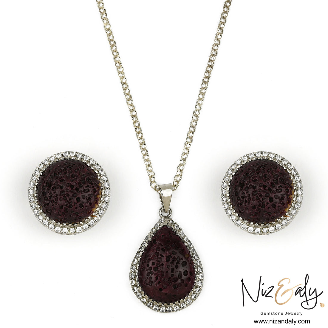 Niz & Aly natural red lava stone pendant and earring set with crystal border on a silver chain