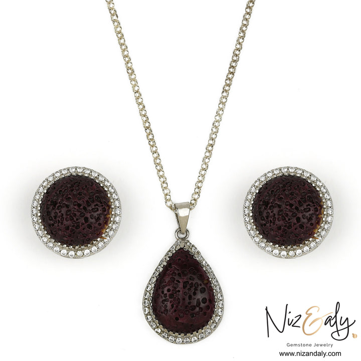 Niz & Aly natural red lava stone pendant and earring set with crystal border on a silver chain