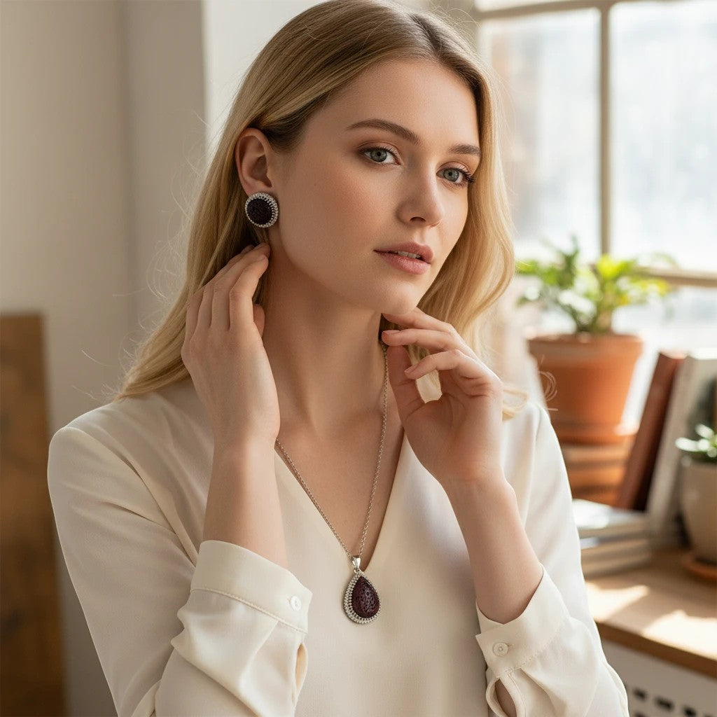 Niz & Aly red lava stone pendant and earring set worn by a woman in a cream blouse, featuring rugged volcanic texture.