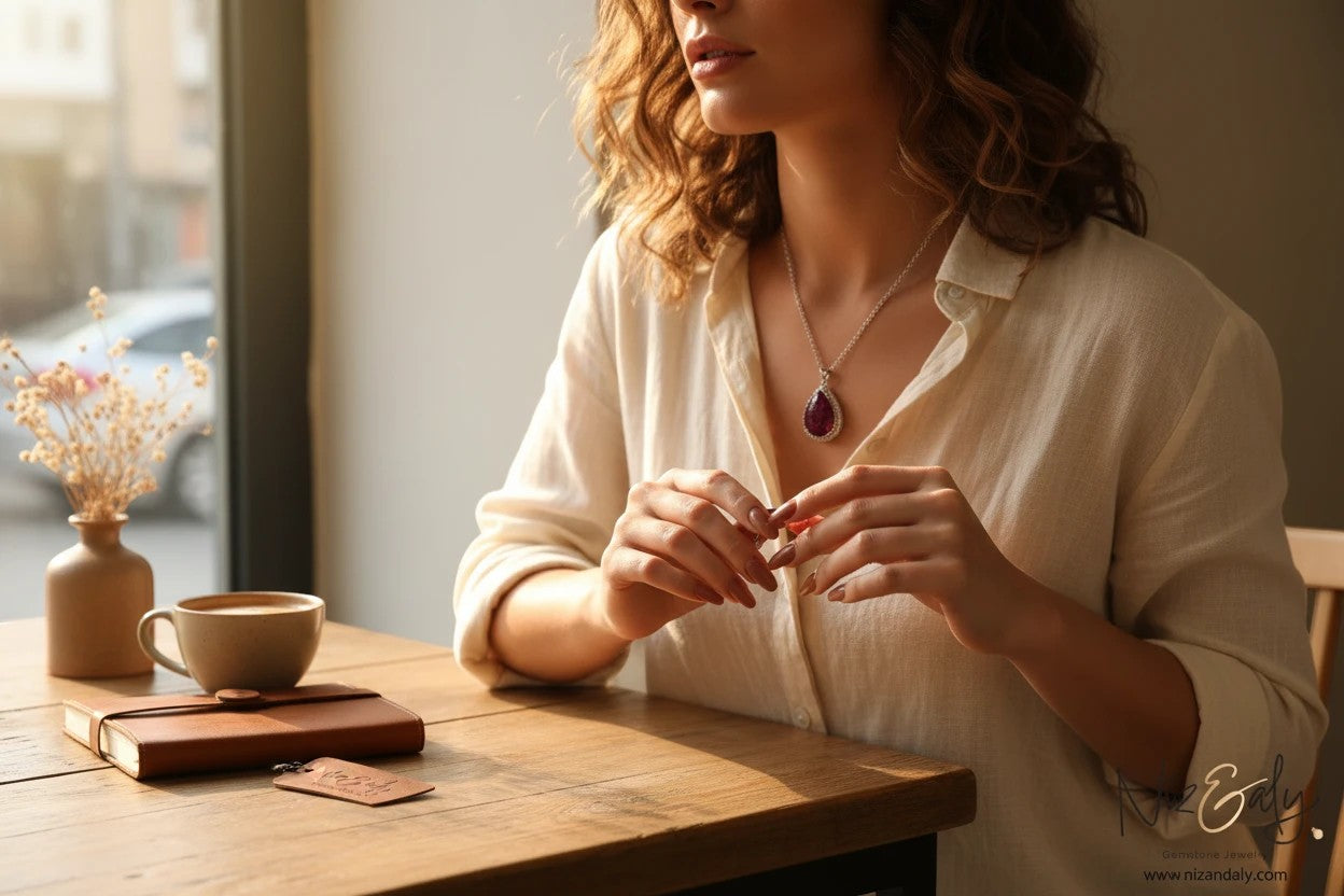 Niz & Aly natural red lava stone pendant necklace worn by a woman sitting at a cafe table with coffee and a journal.