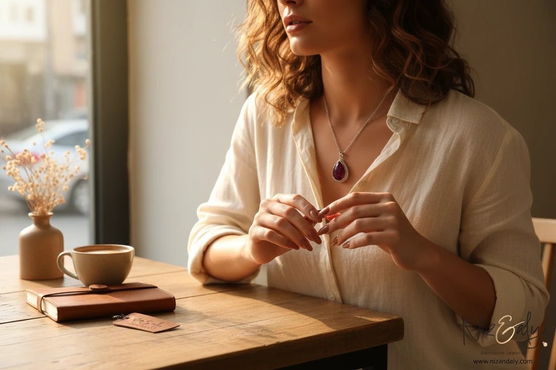 Niz & Aly natural red lava stone pendant necklace worn by a woman sitting at a cafe table with coffee and a journal.