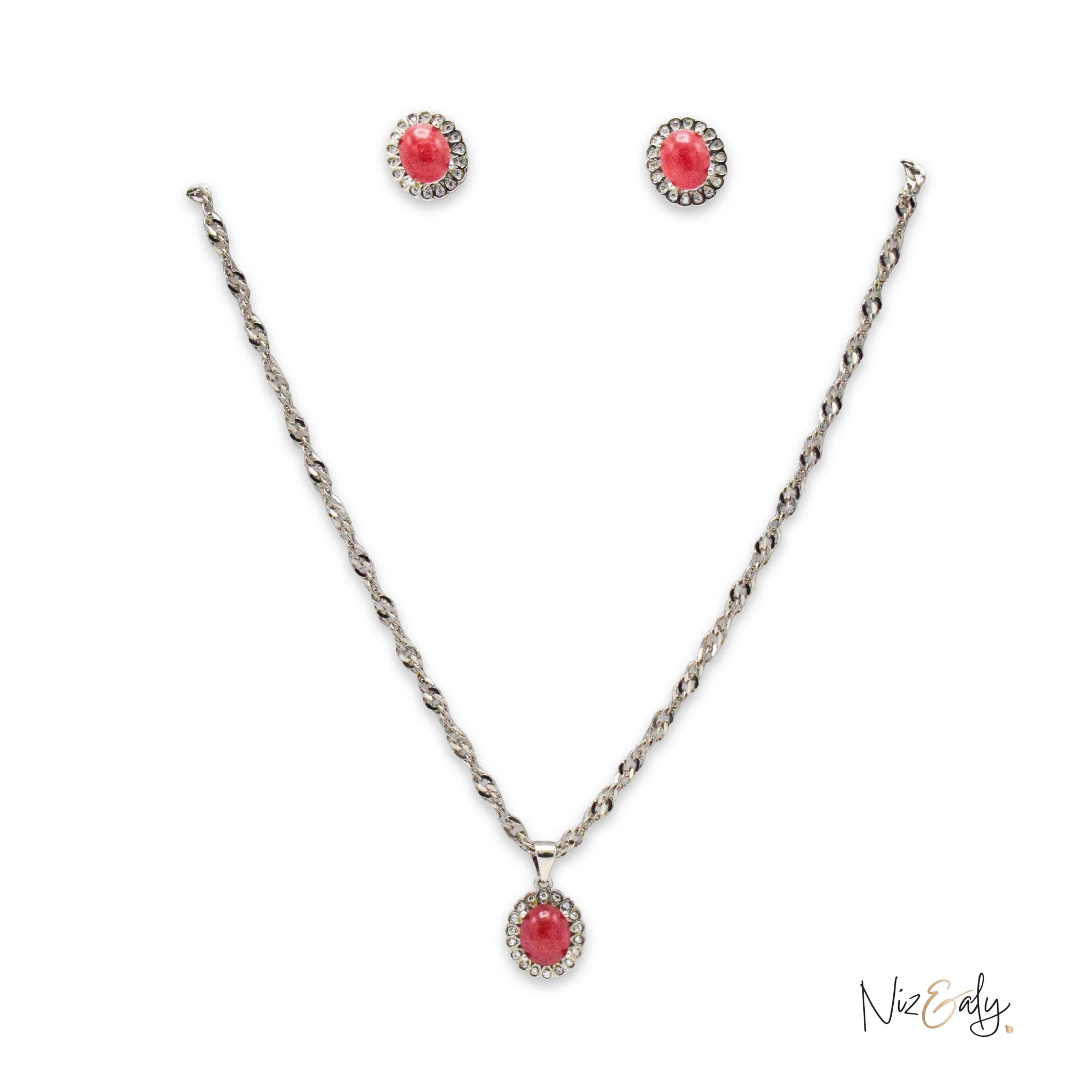 Niz & Aly red cabochon rubelite tourmaline locket and matching stud earrings set with crystal accents on silver chains