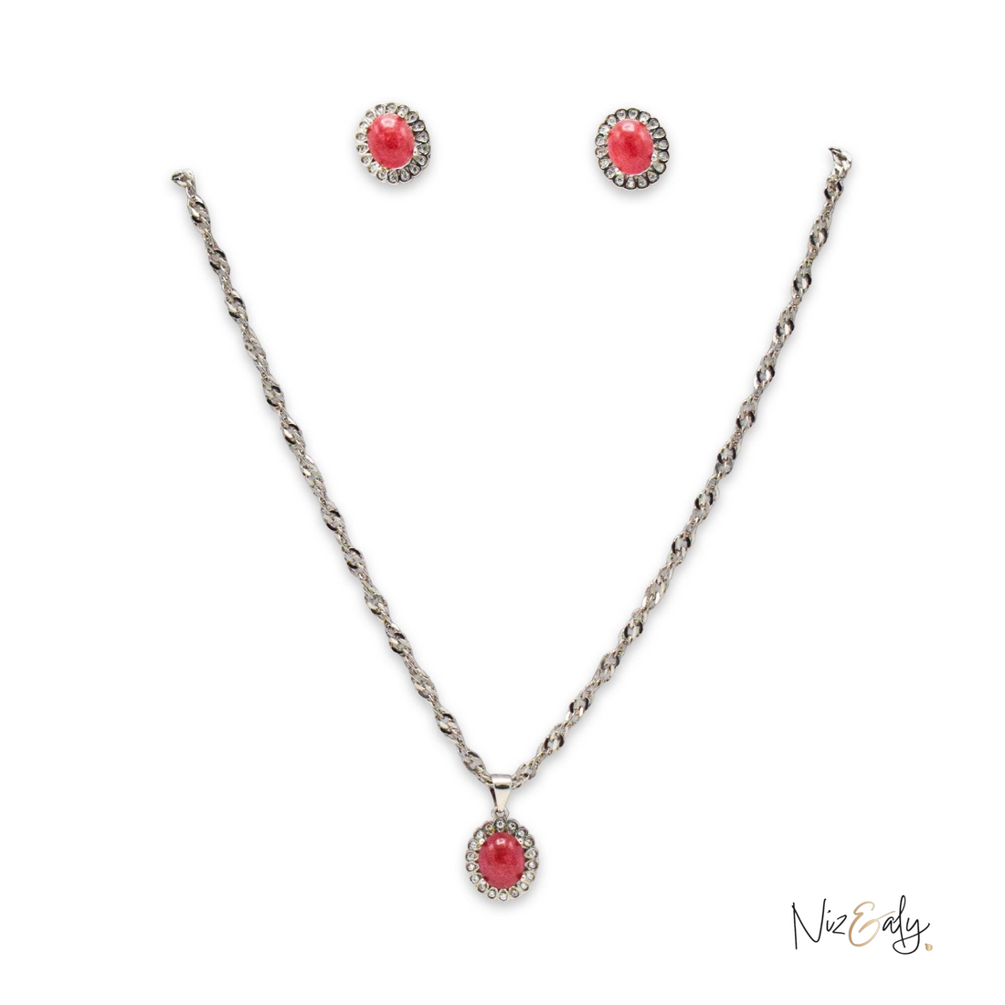 Niz & Aly red cabochon rubelite tourmaline locket and matching stud earrings set with crystal accents on silver chains