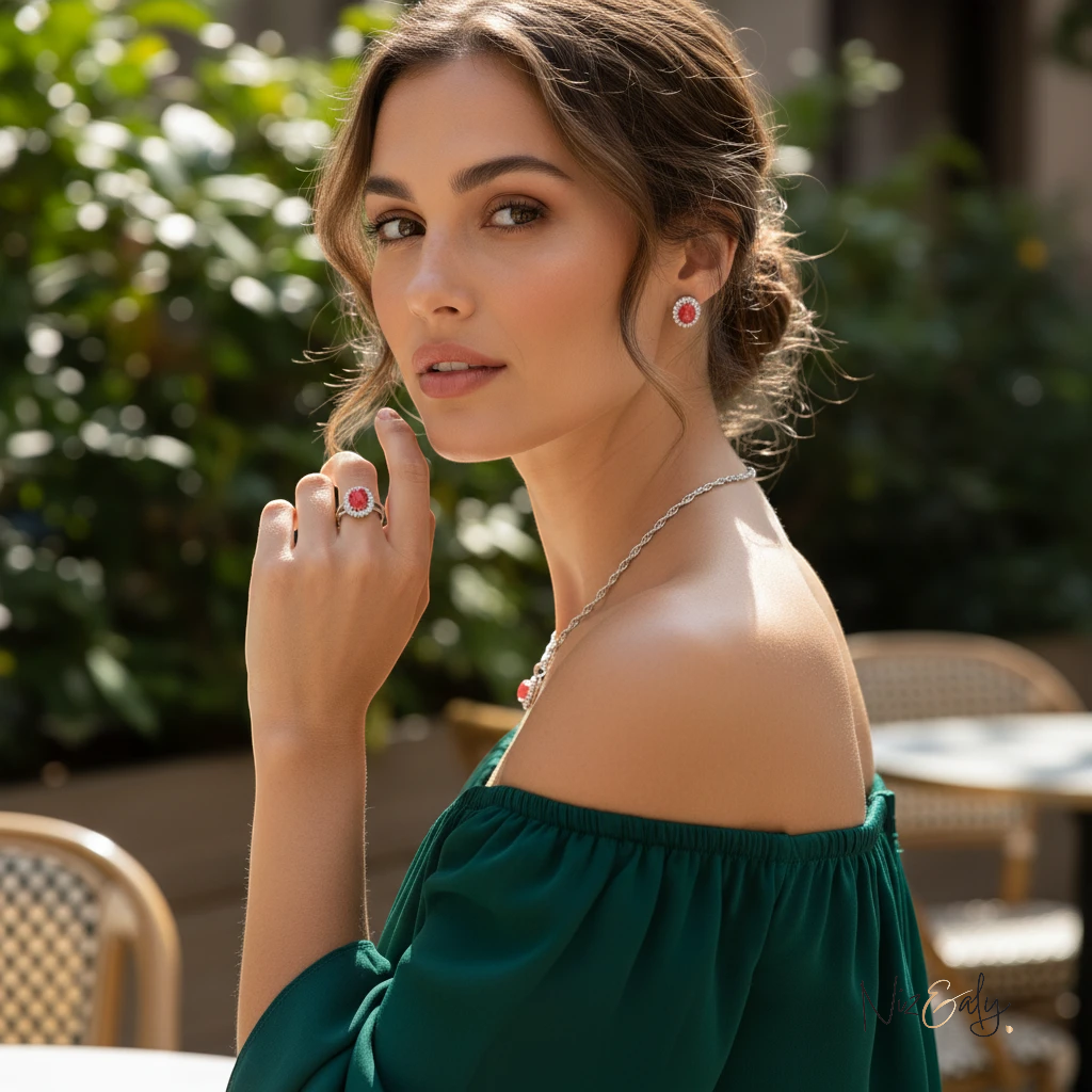Niz & Aly red cabochon rubellite tourmaline locket necklace, ring, and earring set worn by a woman in a green top.