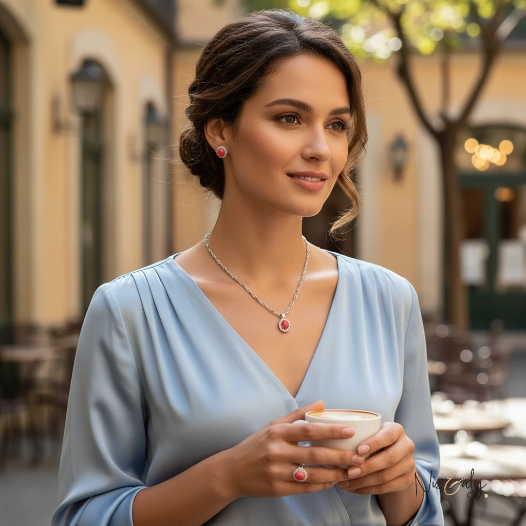Niz & Aly red cabochon rubelite tourmaline locket, earrings, and ring set worn by a woman in a light blue dress.