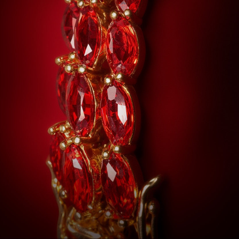 Niz & Aly marquise-cut rhodolite garnet bracelet in 14K gold-plated sterling silver with deep red multi-row stones.