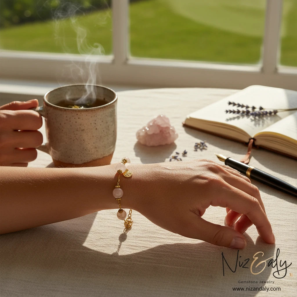 Niz & Aly rose quartz bracelet with gold plated 925 silver on a woman's wrist near a steaming mug and open book.