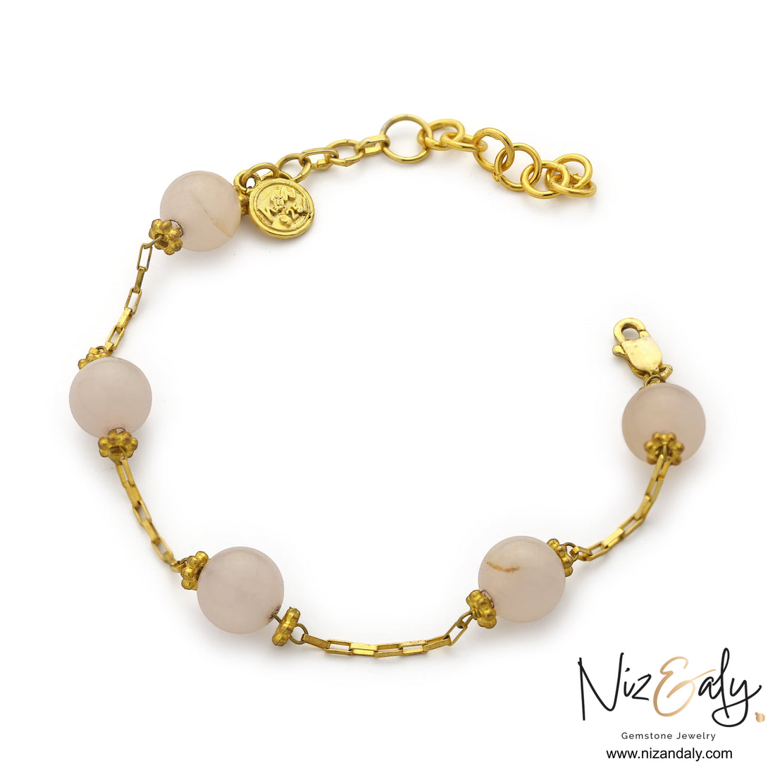Niz & Aly rose quartz bracelet featuring round pink gemstones on a gold-plated 925 sterling silver chain