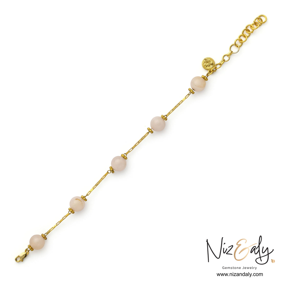 Niz & Aly rose quartz bracelet featuring pink gemstone beads on a gold-plated 925 sterling silver chain.
