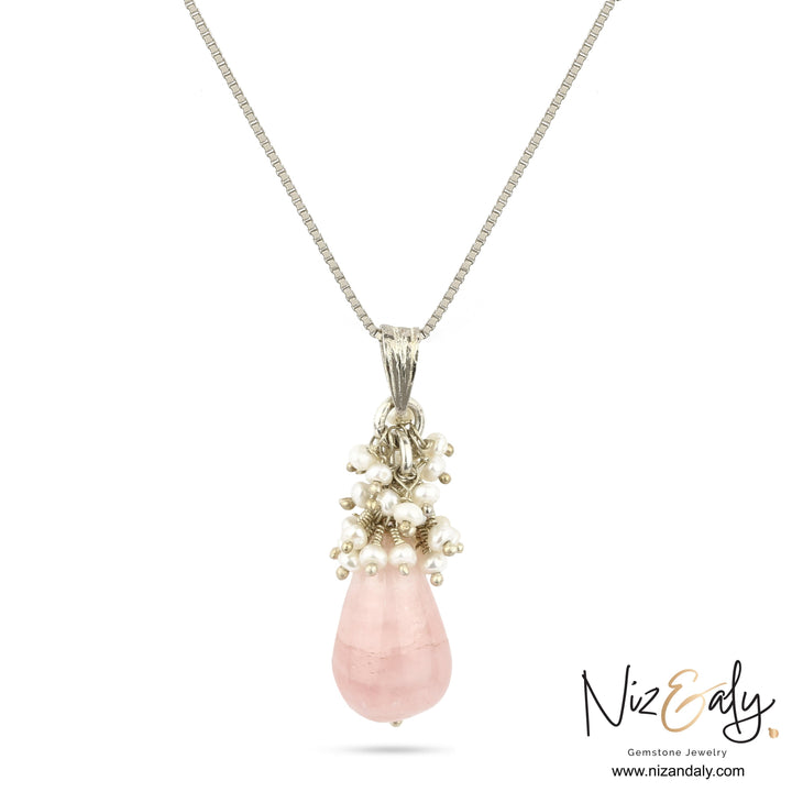 Niz & Aly dainty teardrop rose quartz pendant necklace with delicate freshwater pearl accents on a silver chain.