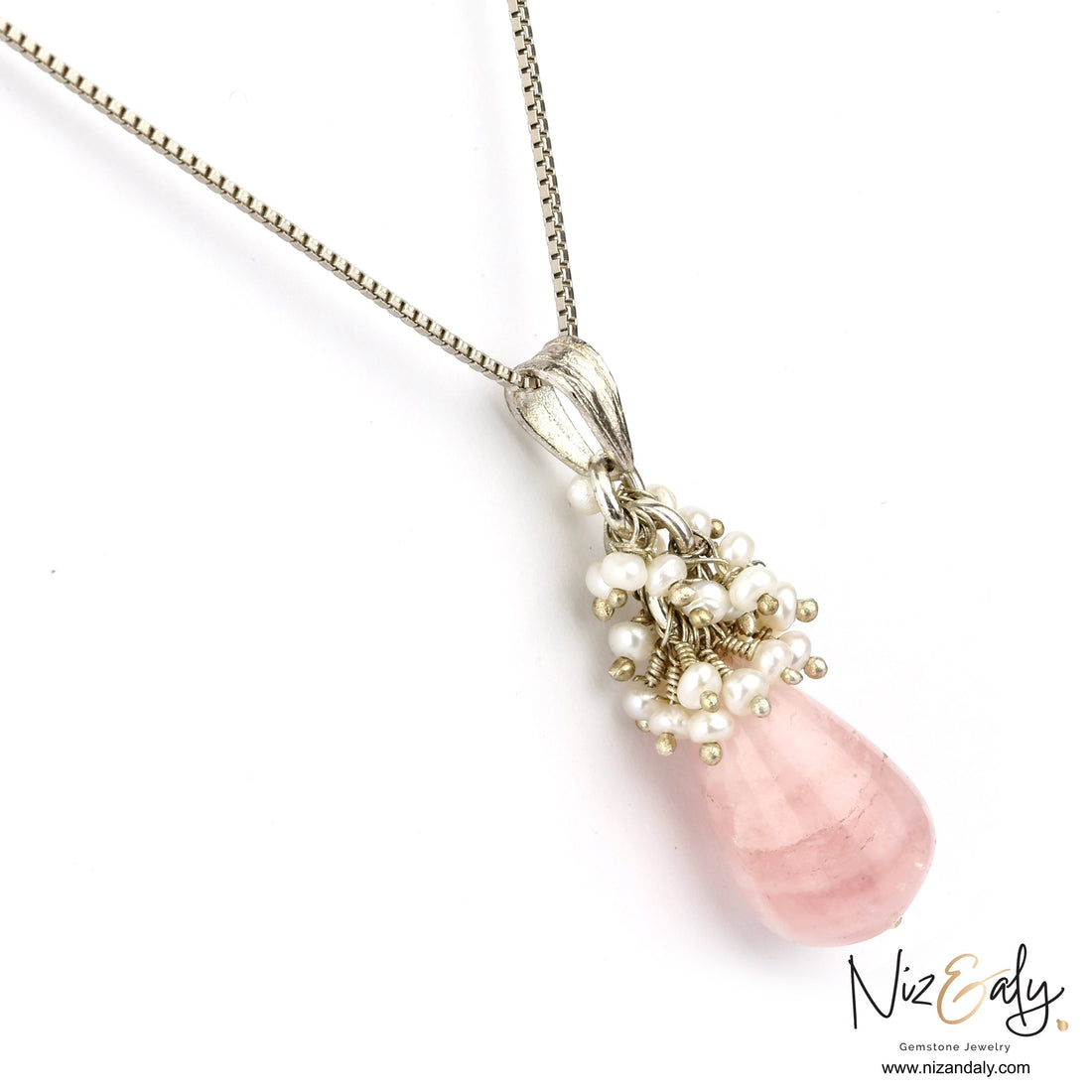 Niz & Aly dainty teardrop rose quartz pendant necklace with a cluster of small freshwater pearls on a silver chain.