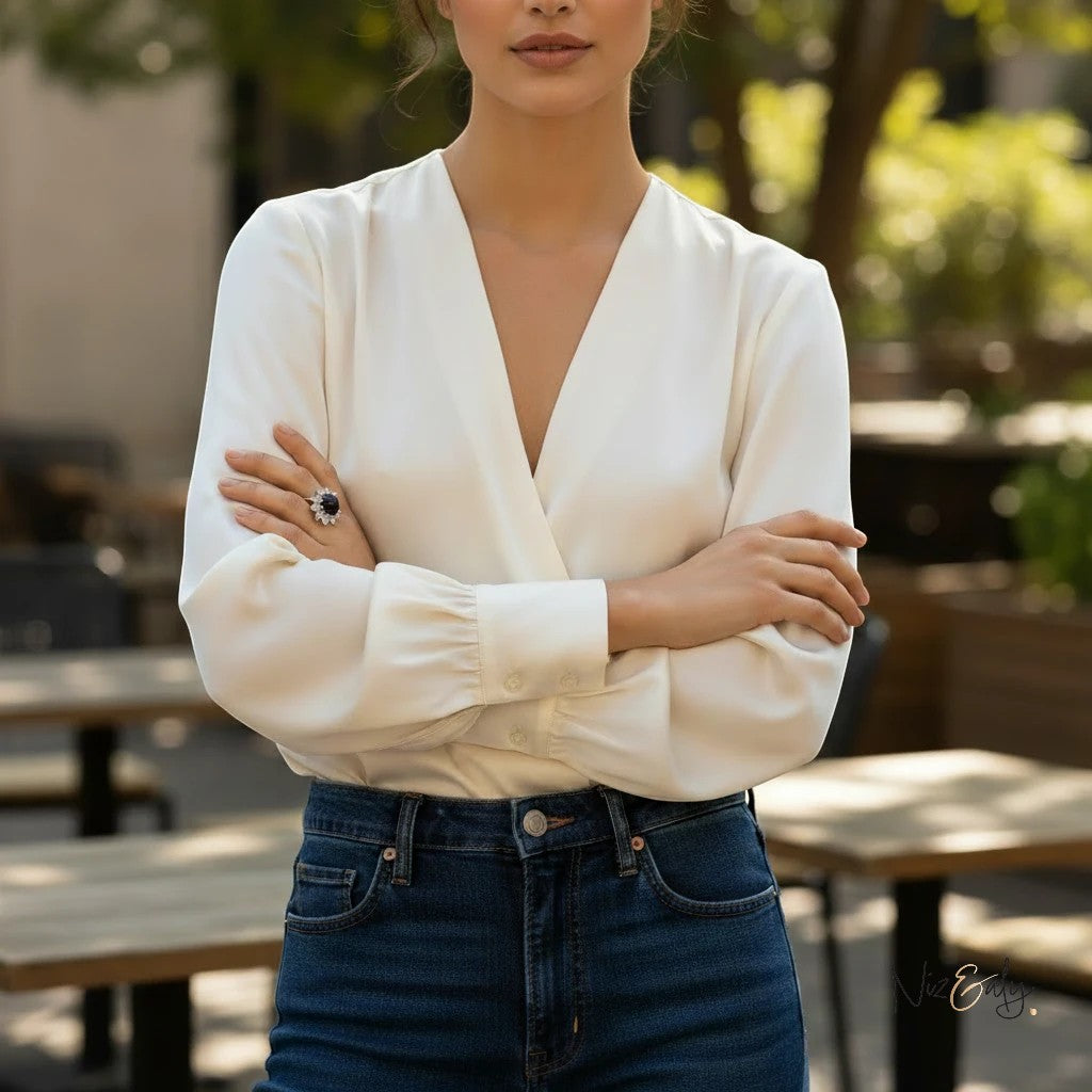 Niz & Aly round black onyx statement ring worn by a woman in a white blouse and blue jeans, outdoor setting.