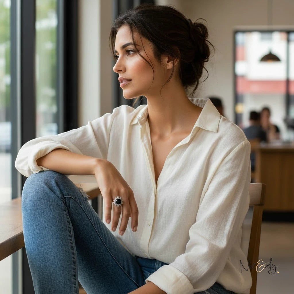 Niz & Aly round black onyx statement ring worn by a woman in a white shirt, showcasing a polished gemstone design.