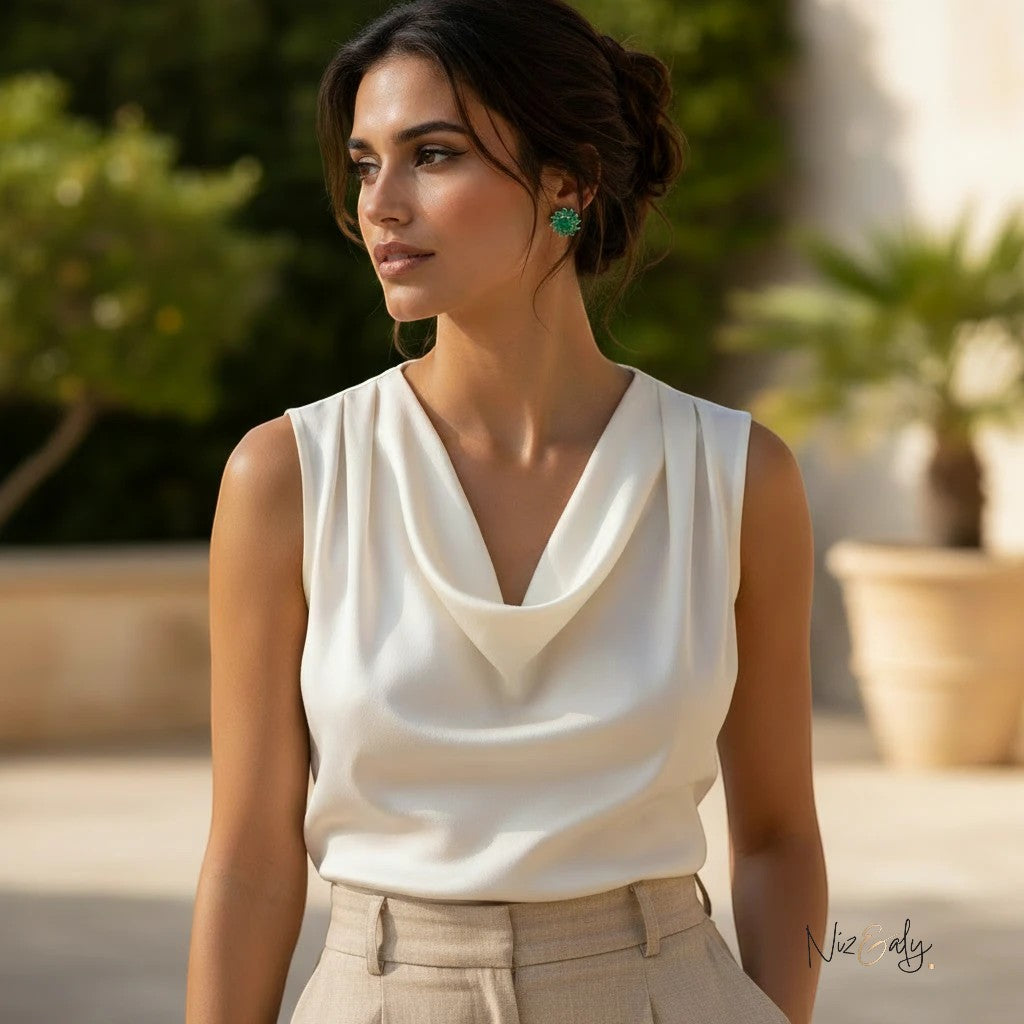 Niz & Aly round vintage natural green emerald ear studs worn by a woman in a white cowl neck top outdoors