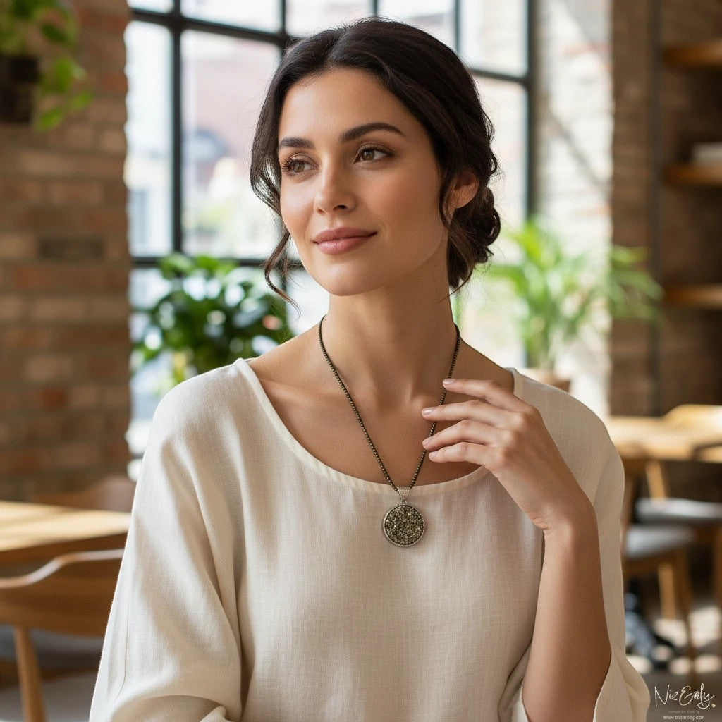 Niz & Aly round pyrite pendant necklace worn by a woman in a cream top, featuring a faceted gemstone design.