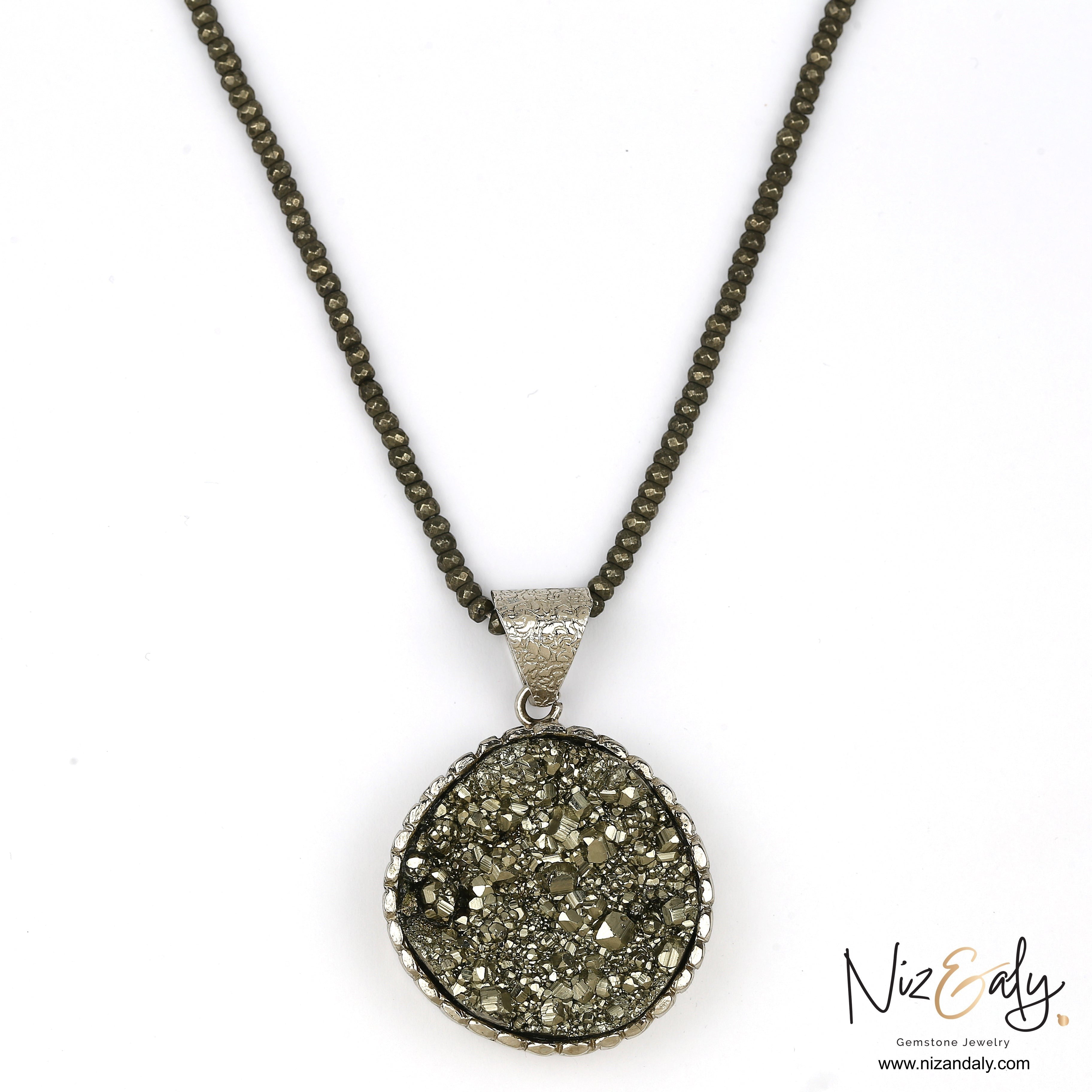 Niz & Aly round pyrite pendant necklace with faceted pyrite beads and metallic gold luster gemstone texture