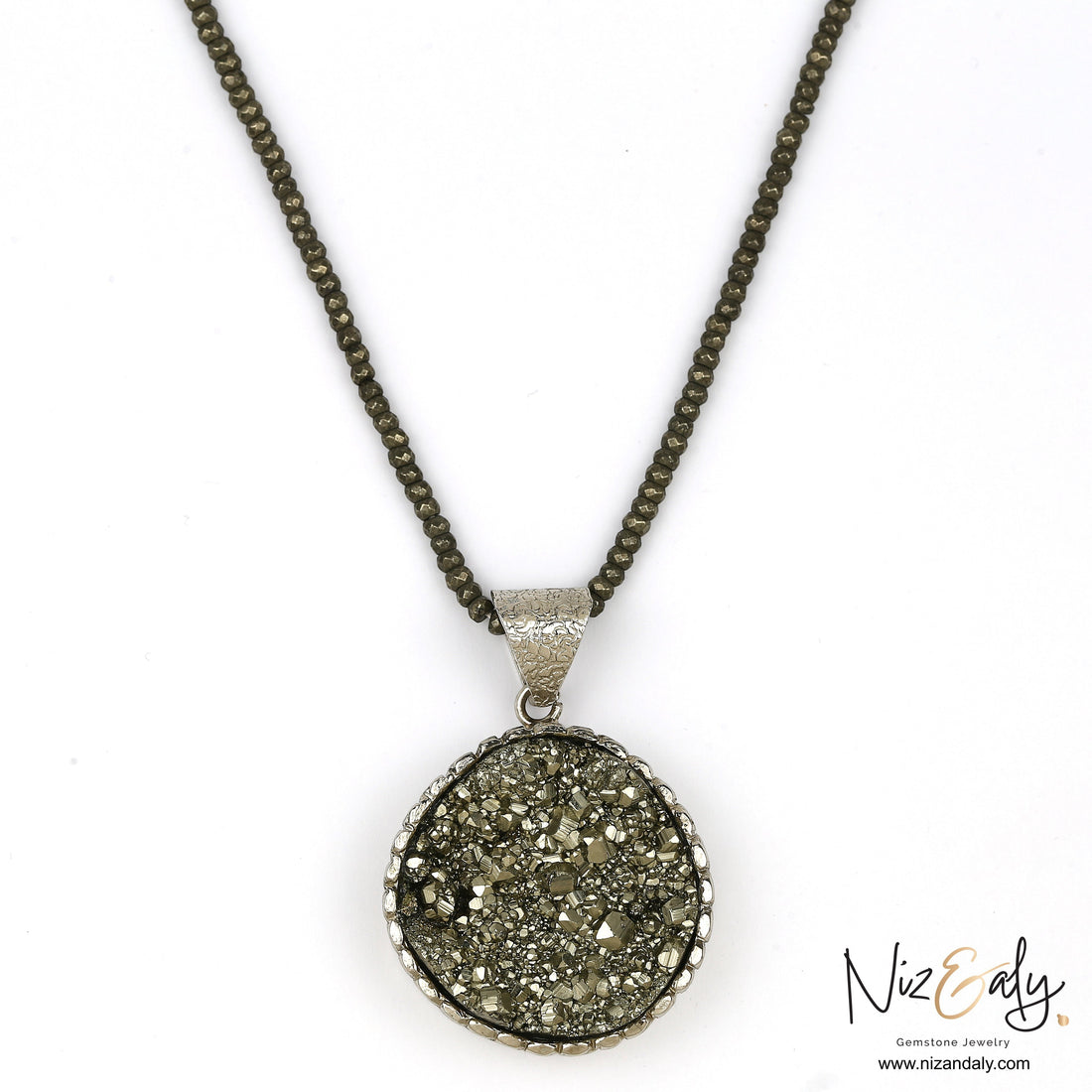 Niz & Aly round pyrite pendant necklace with faceted pyrite beads and metallic gold luster gemstone texture