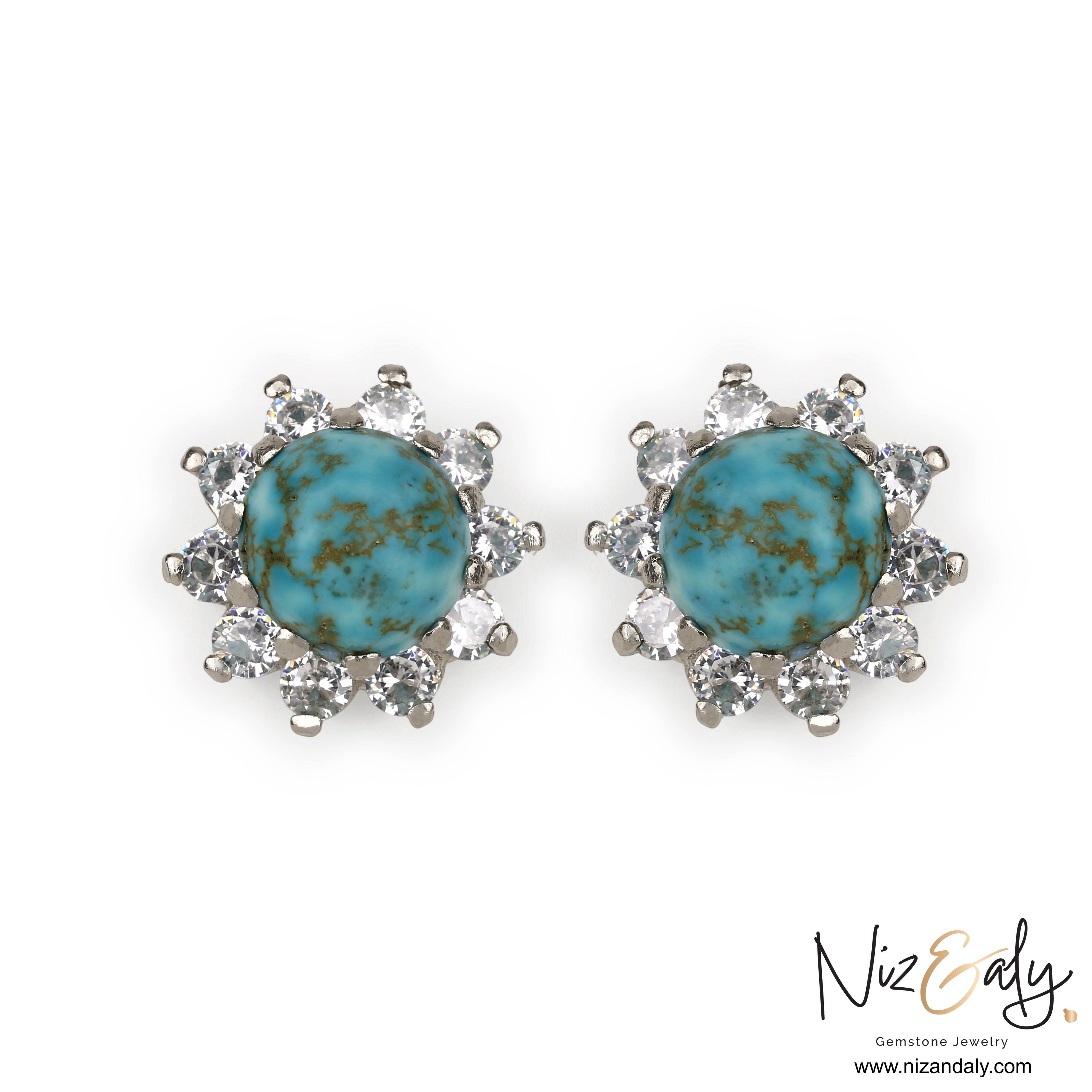 Niz & Aly round vintage Kingman turquoise stud earrings with a halo of sparkling white crystals in a silver setting.