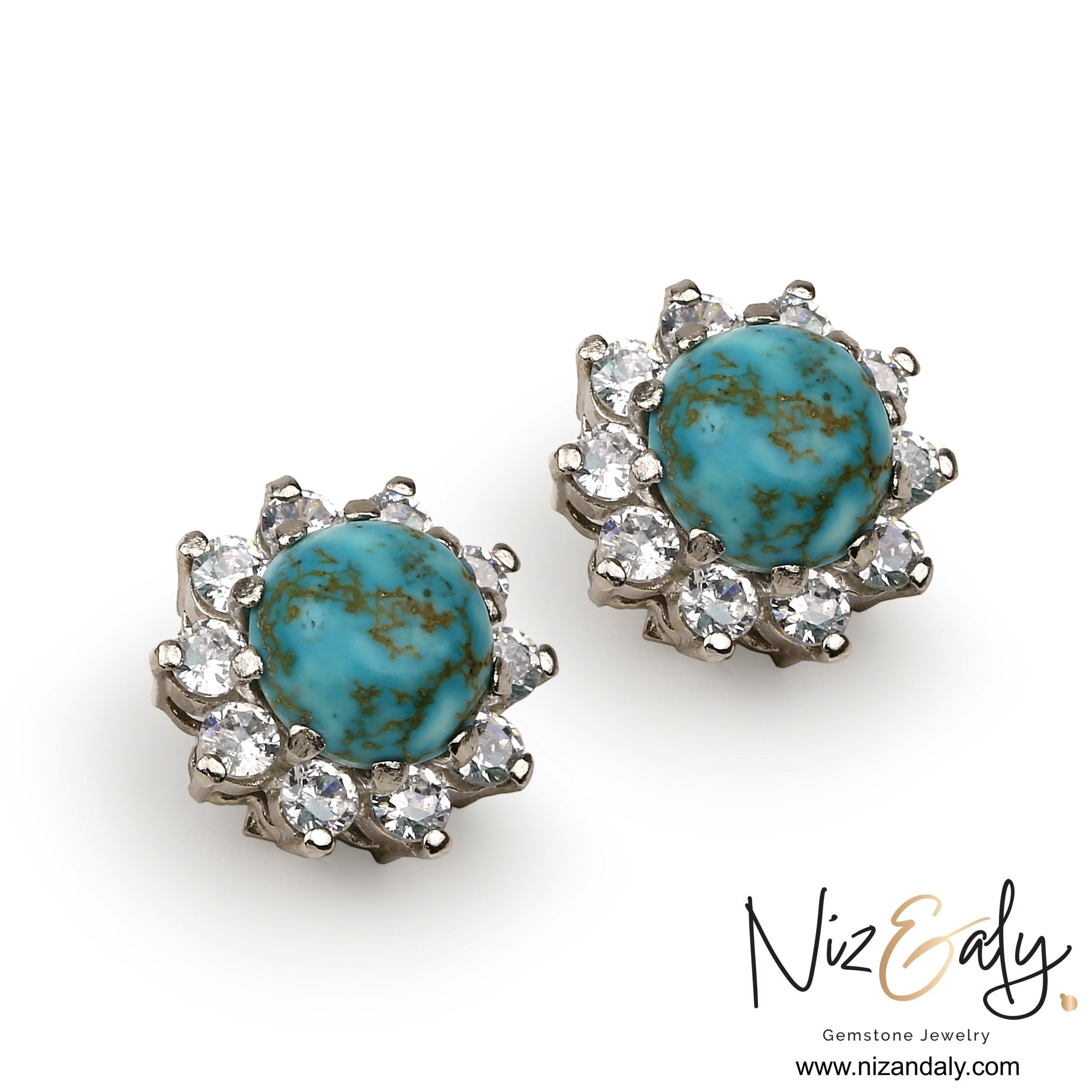 Niz & Aly round vintage Kingman turquoise ear studs with blue stones and sparkling white crystal halo accents.