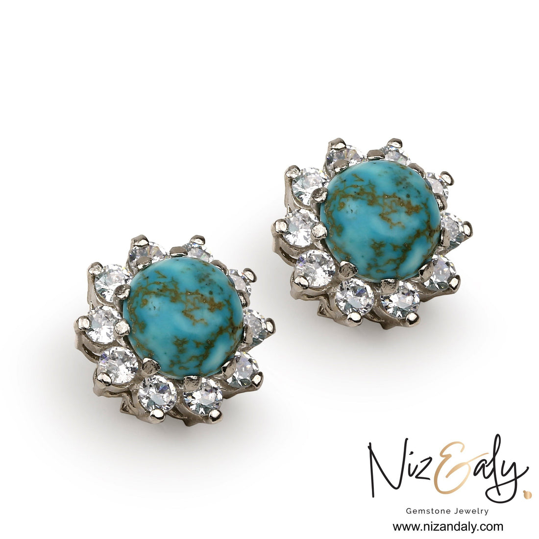 Niz & Aly round vintage Kingman turquoise ear studs with blue stones and sparkling white crystal halo accents.