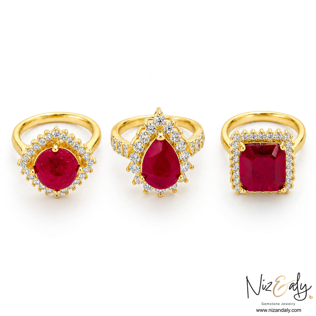 Niz & Aly ruby rings featuring oval, pear, and cushion cut natural rubies with diamond halos in yellow gold bands.