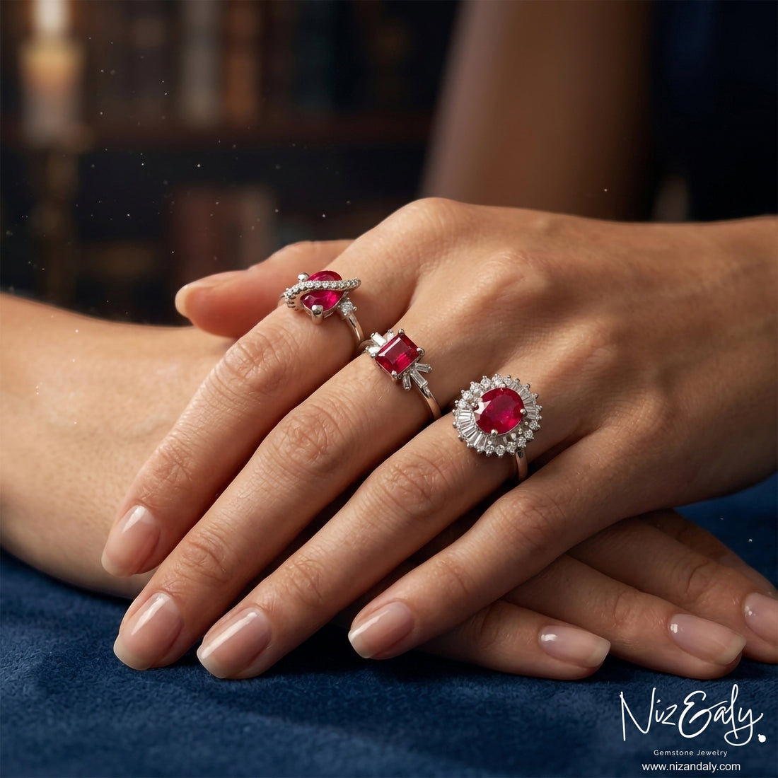 Niz & Aly ruby rings featuring oval, emerald, and round cuts with diamond halos on a woman's hand.