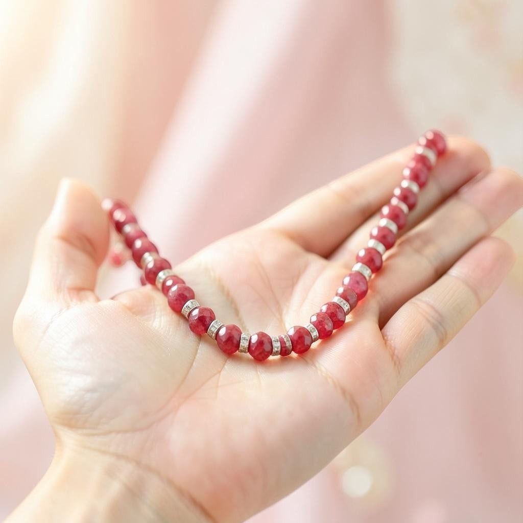 Niz & Aly ruby red faceted jade beaded necklace with silver spacers held in a hand
