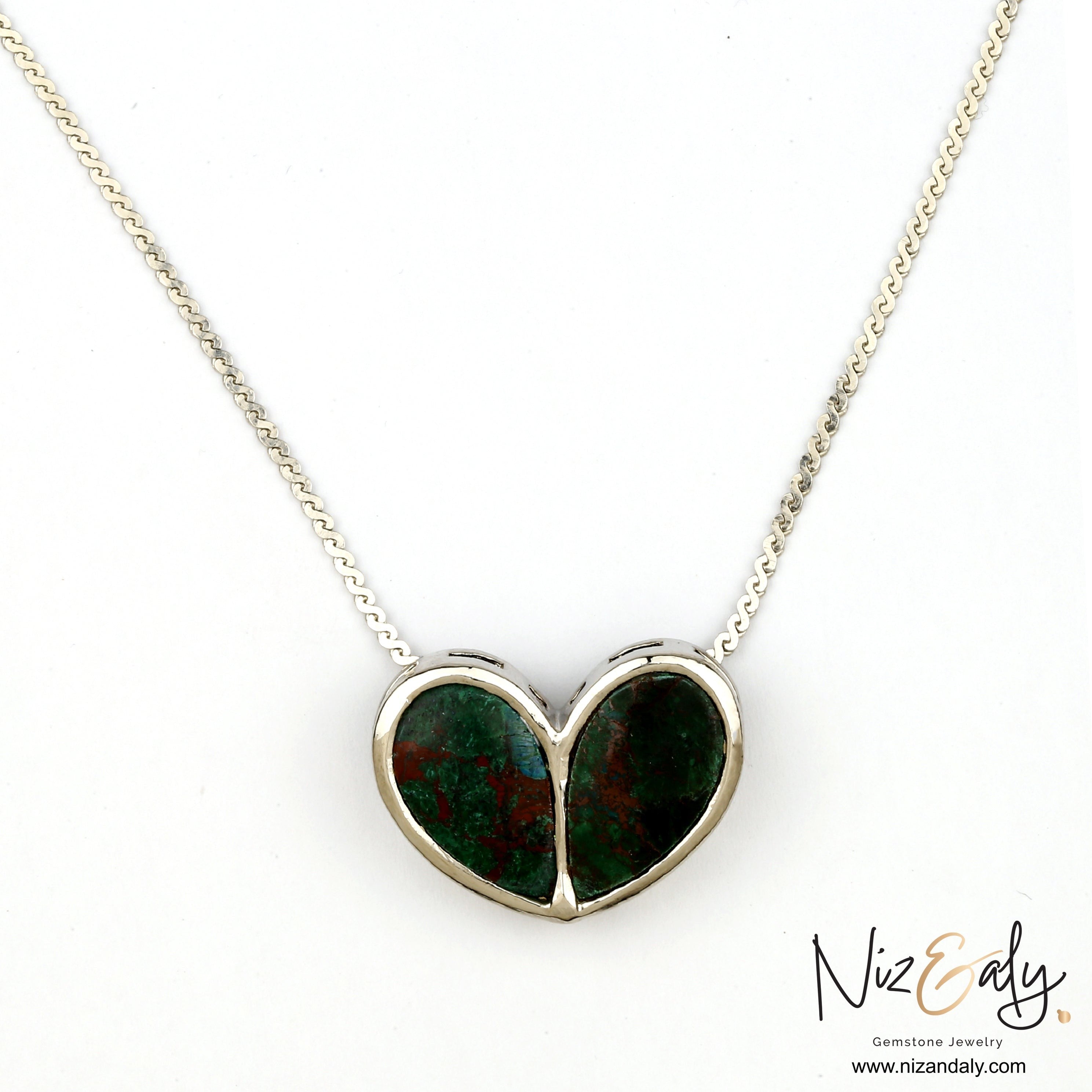 Niz & Aly heart-shaped ruby zoisite pendant necklace featuring green and red gemstone on a delicate silver chain.