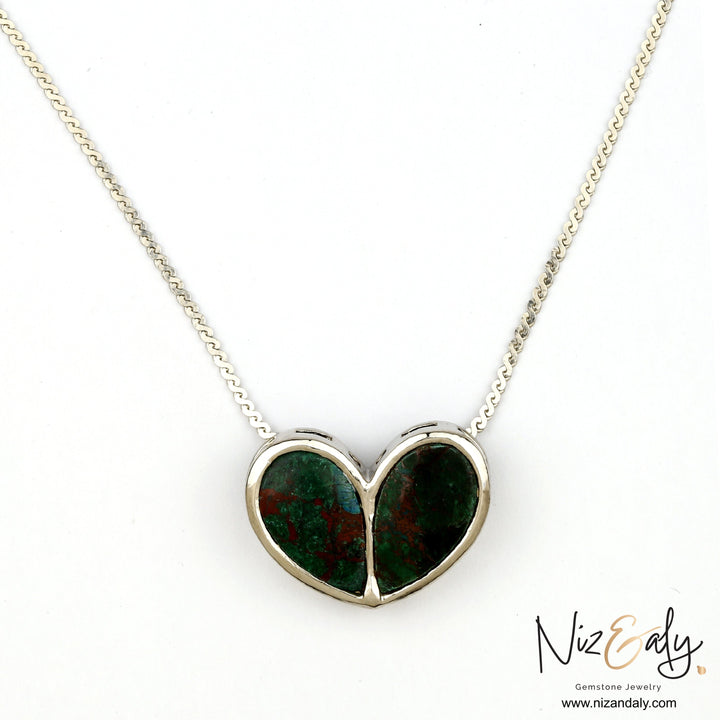 Niz & Aly heart-shaped ruby zoisite pendant necklace featuring green and red gemstone on a delicate silver chain.