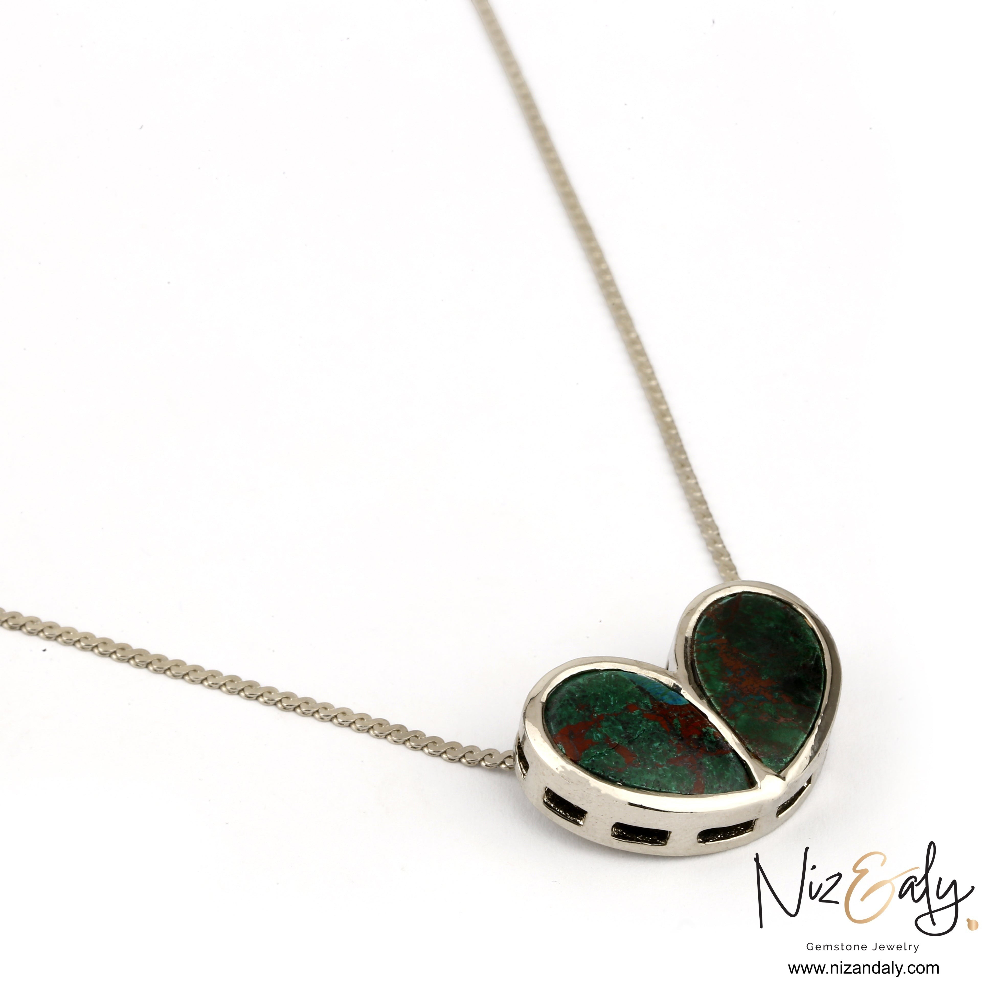 Niz & Aly heart-shaped ruby zoisite pendant necklace with green and red gemstone on a delicate silver chain.