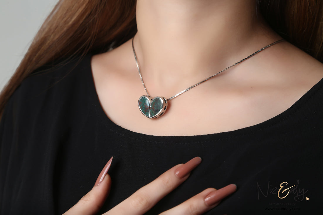Niz & Aly heart-shaped ruby zoisite pendant necklace with green and red gemstone on a delicate silver chain