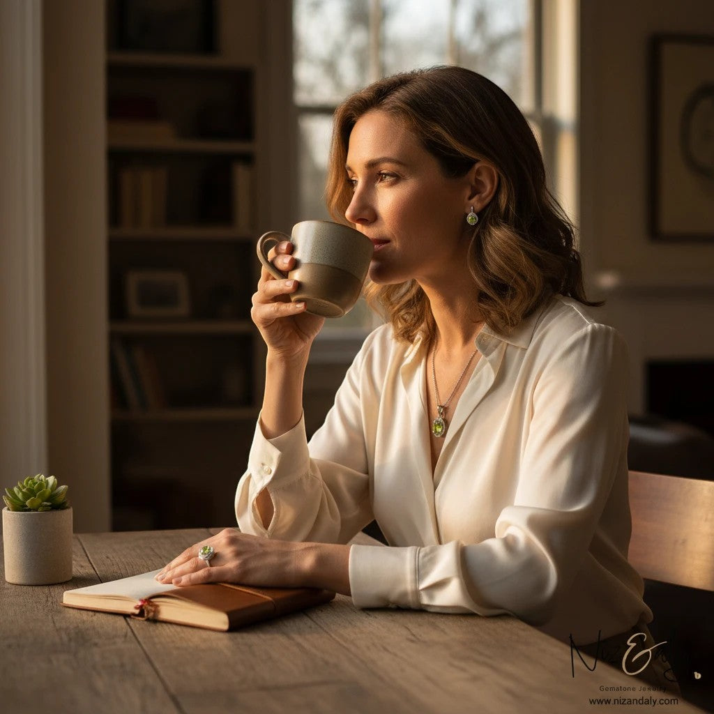 Niz & Aly Sage Dawn oval Arizona peridot pendant, earrings, and ring set worn by a woman drinking coffee at dawn.