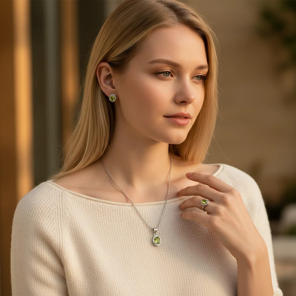 Niz & Aly Sage Dawn oval Arizona peridot pendant, ring, and earring set worn by a woman in a cream sweater.