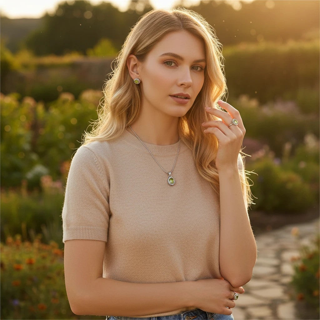 Niz & Aly Sage Dawn oval Arizona peridot pendant and earring set worn by a woman in a garden at sunrise.