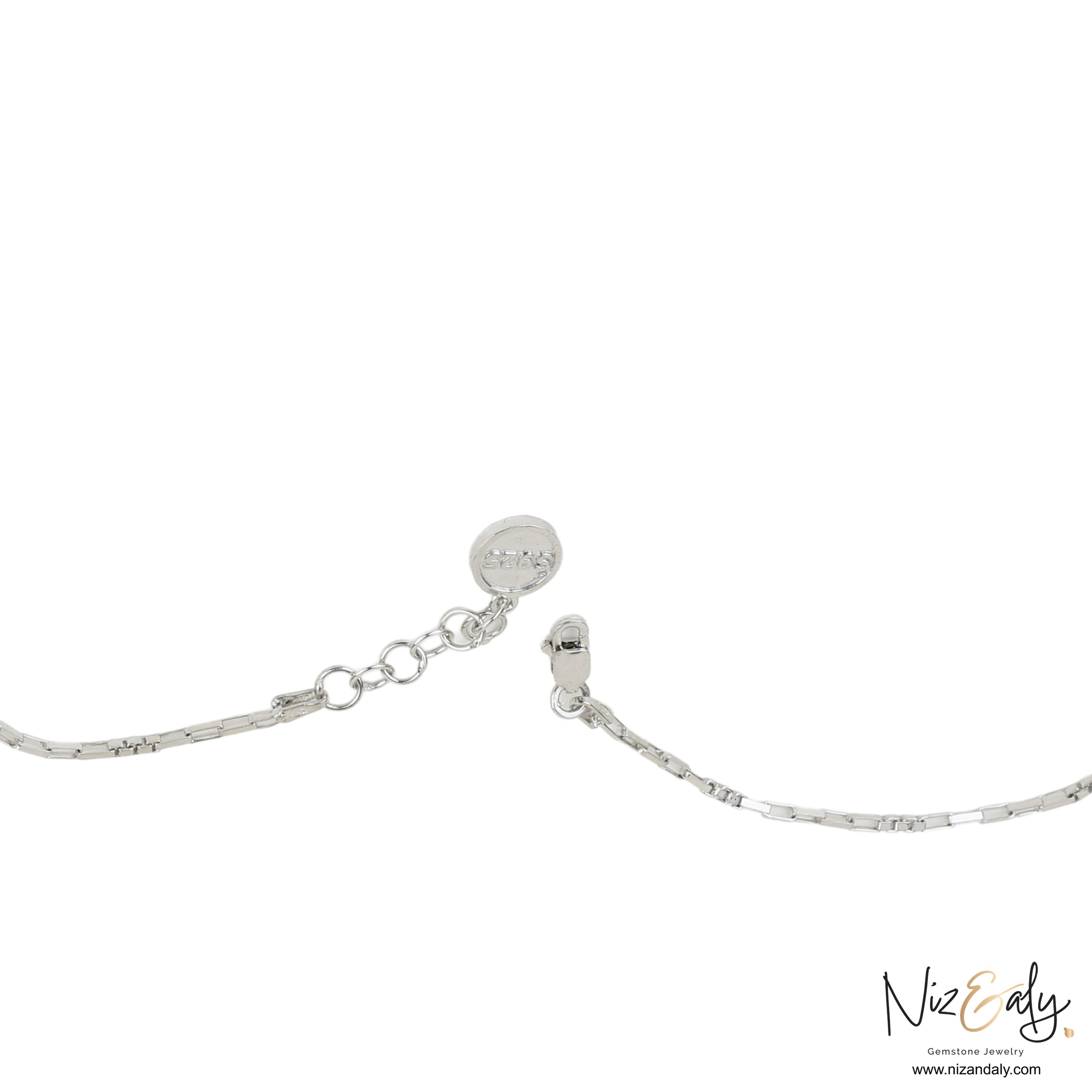 Niz & Aly silver chain necklace clasp with adjustable links and a small round logo tag