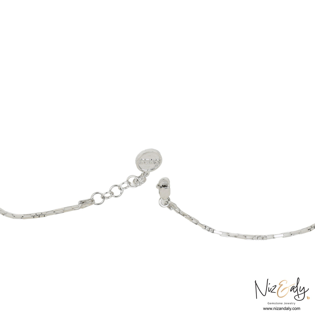 Niz & Aly silver chain necklace clasp with adjustable links and a small round logo tag